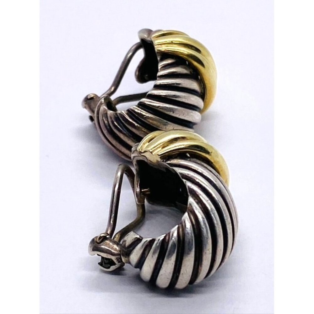 David Yurman 925 Sterling & 14k Gold Two-Tone Cable Shrimp Huggie Earrings 1"